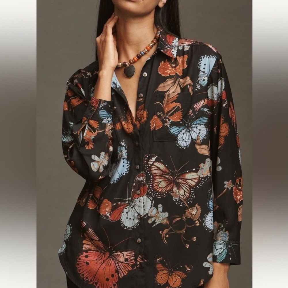 Anthropologie The Brielle Butterfly Print Button Down Blouse Black Long Sleeve S